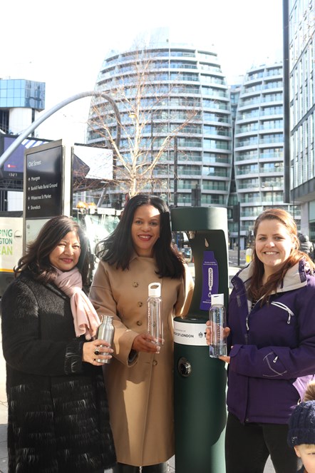 Launch of new Old Street drinking fountain with (L-R) London Deputy Mayor for Environment and Energy Shirley Rodrigues; Cllr Claudia Webbe, Islington Council's executive member for environment and transport; and one of the first members of the public to use the new drinking fountain