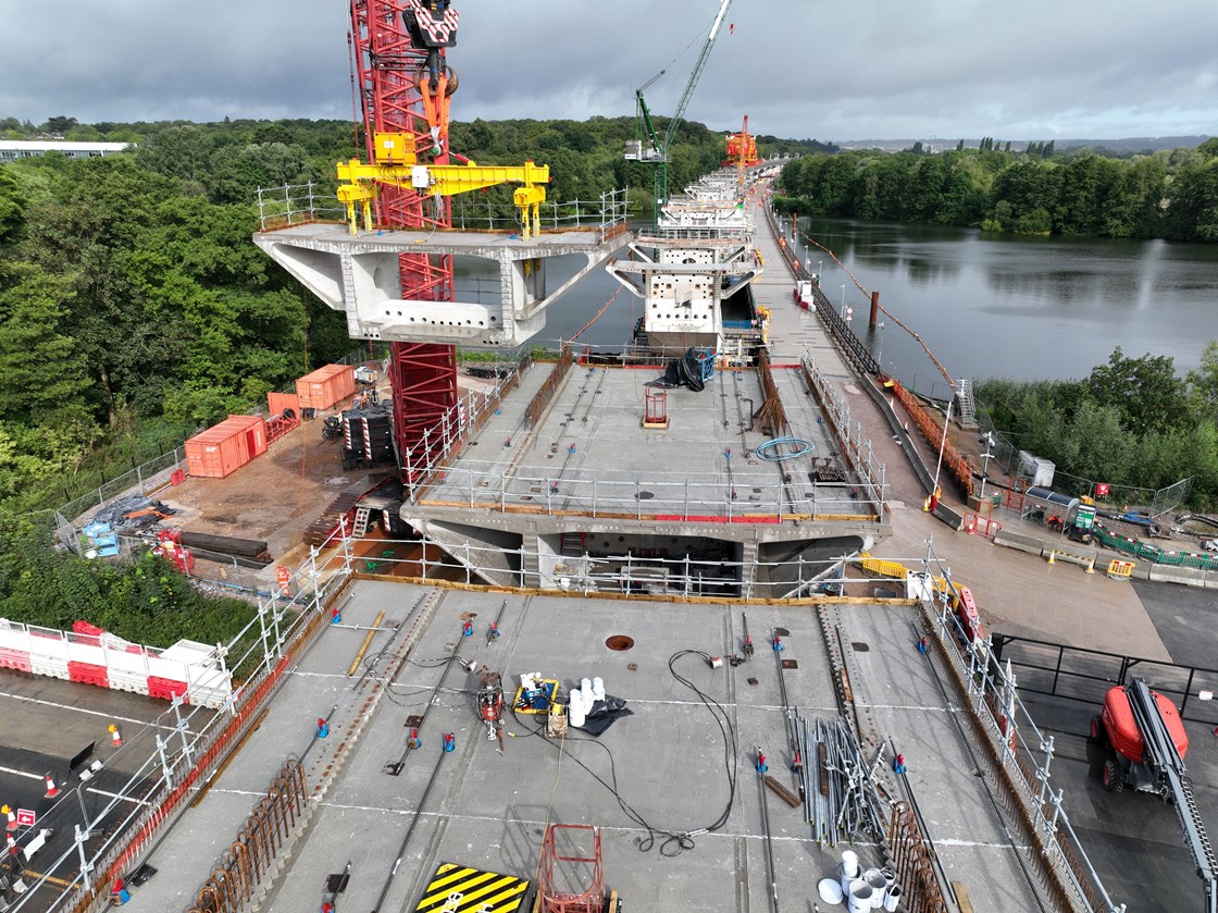 Colne Valley Viaduct over Moorhall Road 1: Work has been completed on a key 40 metre span over Moorhall Road, Harefield, that will form part of HS2's record-breaking Colne Valley Viaduct - the longest rail bridge in the UK.