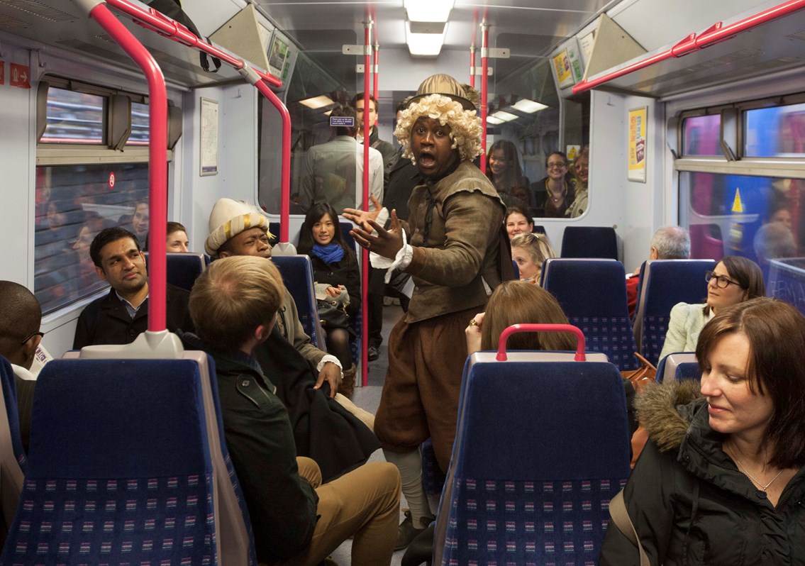 THAT'S 'ENTERTRAINMENT': UNSUSPECTING LONDON COMMUTERS TREATED TO SHAKESPEARE AND IMPROV COMEDY: Play on a train to mark the opening of the new Blackfriars South station