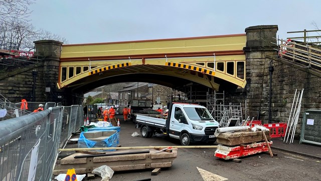 Major Whaley Bridge railway and road upgrade reaches final phase: Original section of historic Buxton Road bridge after repainting 29 March 2023