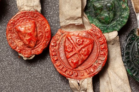 Close up detail of seals from the Declaration of Arbroath credit Mike Brooks © King's Printer for Scotland, National Records of Scotland, SP13-7