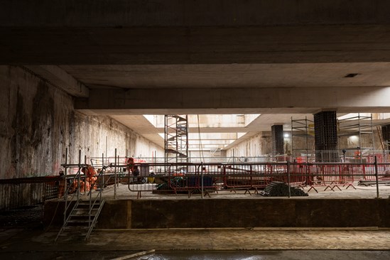 Old Oak Common Station, February 2023: View inside HS2 Old Oak Common station, where engineers have excavated to -1 intermediate concourse level.