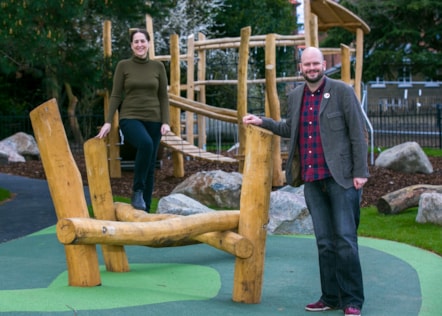 Cllr Caroline Woodley and Mayor Phil Glanville in the new play area in Springfield Park. Photo_ Gary Manhine