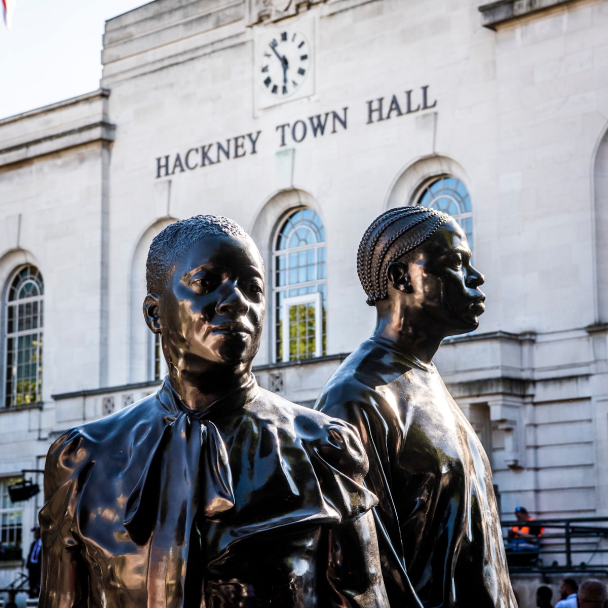 Windrush sculptures outside Hackney Town Hall