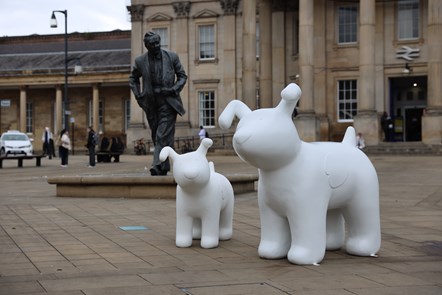 Blank Snowdog sculptures outside of Huddersfield Station
