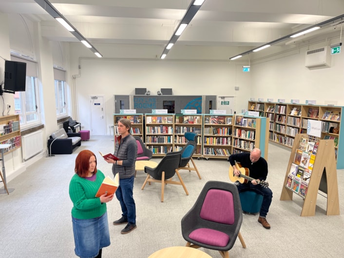 Music library: Members of the Leeds Central Library team in the newly-refurbished music library.
Set to be a hit with the city’s budding recording artists, musicians and podcasters, the project has seen the building’s historic music library transformed into a dynamic new space, complete with specially created walk-in recording studios, pianos and podcasting facilities.