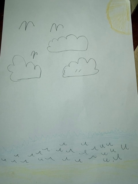 Foster 4 Leeds Light Night - beach: A drawing created by an eight-year-old boy living in foster care, of a trip to the beach. His drawing has been merged with a five-year-old girl's drawing of the sea at Filey, into a neon rope light for Light Night Leeds.