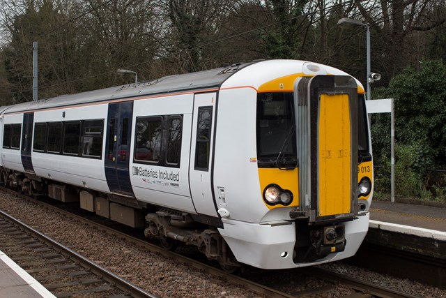 Battery-powered train (IPEMU) at Mistley railway station: The new train contributes to Network Rail’s commitment to reduce its environmental impact, improve sustainability and reduce the cost of running the railway by 20 per cent over the next five years. It could ultimately lead to a fleet of battery-powered trains running on Britain’s rail network which are quieter and more efficient than diesel-powered trains, making them better for passengers and the environment. Network Rail and its industry partners – including Bombardier, Abellio Greater Anglia, FutureRailway and the Rail Executive arm of the Department for Transport (which is co-funding the project) – recognise the potential for battery-powered trains to bridge gaps between electrified parts of the network and to run on branch lines where it would be too expensive to install overhead electrification.