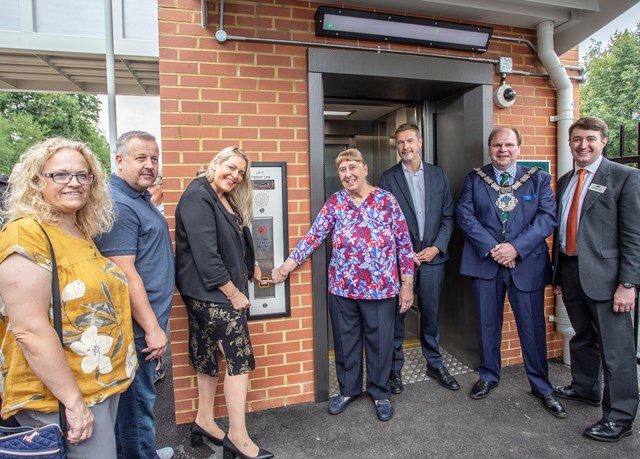 East Grinstead AfA lift opens 2: East Grinstead Access for All scheme , lift opening, with MP Mims Davies and Anne Mackie doing the honours. Also pictured L to R are the Tregunno family, Network Rail Southern region John Halsall, Mayor of East Grinstead Cllr Adam Peacock and Customer Services director at Southern, Chris Fowler.