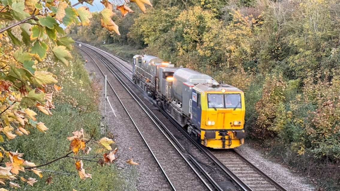 South Western tackles slippery rails and storm damage this autumn: Leaf busting train on a circuit - Leaf-busting trains like these will treat tracks and remove leaf residue across our network.