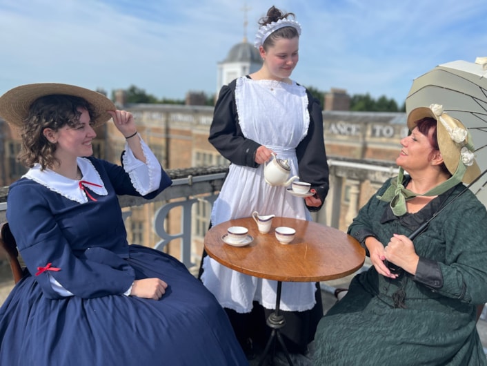 Rooftop tea at Temple Newsam: Members of the house team donned 19th century costumes and took to the rooftop to take tea in style, surrounded by breathtaking views of the sprawling estate.
They were launching a new programme of summer events, giving visitors a taste of what life was like for the generations of servants who lived