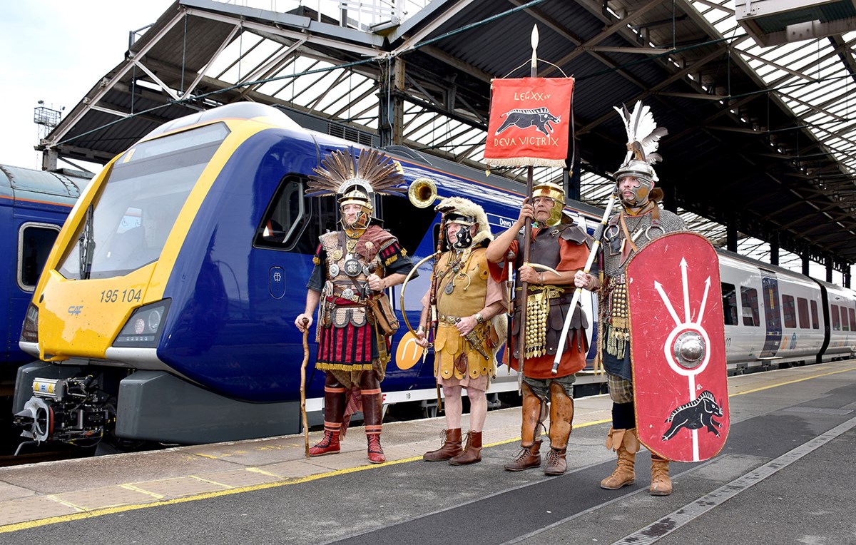 The Romans of Deva Victrix welcome the train of the same name to Chester station