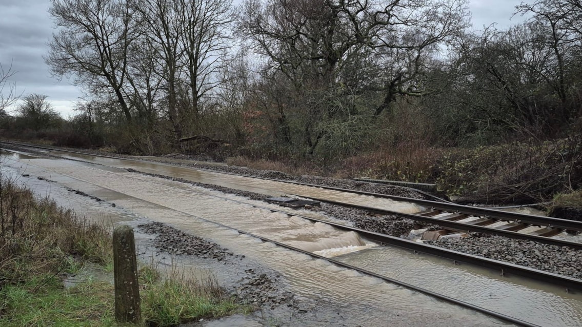 Flooding in Mobberley, Cheshire, which has moved the ballast from under the tracks