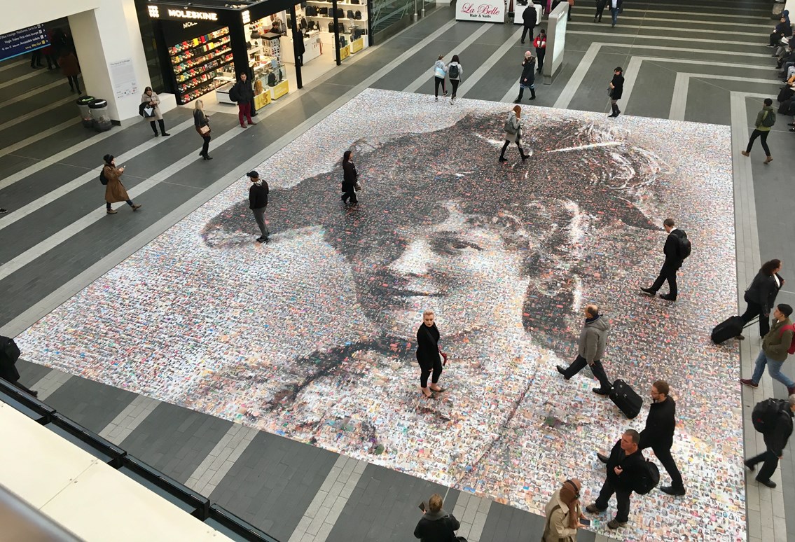 Last chance to see hugely popular ‘Face of Suffrage’ photo mosaic at Birmingham New Street: Face of Suffrage artwork on launch day November 15