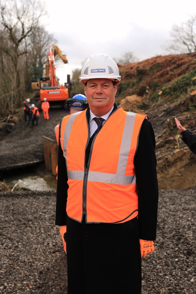 Work underway at the Botley landslip site: Rail minister Stephen Hammond visits work underway at the Botley landslip site