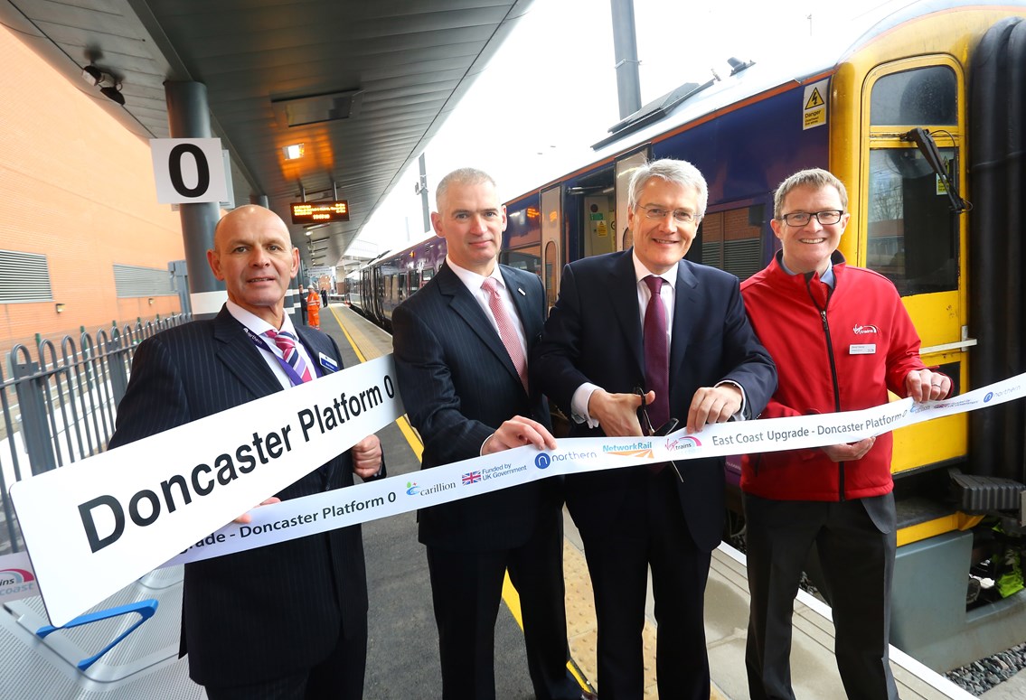 More trains and more reliable journeys for Doncaster passengers: Mark Nixon (Northern), Rob McIntosh (Network Rail), Andrew Jones MP and David Horne (Virgin Trains East Coast) at the official opening of Doncaster platform 0