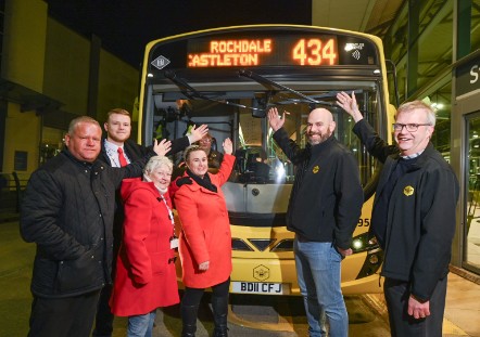 Rochdale cllrs (left) with Paul Townley (First Bus) and Stephen Rhodes (TfGM)