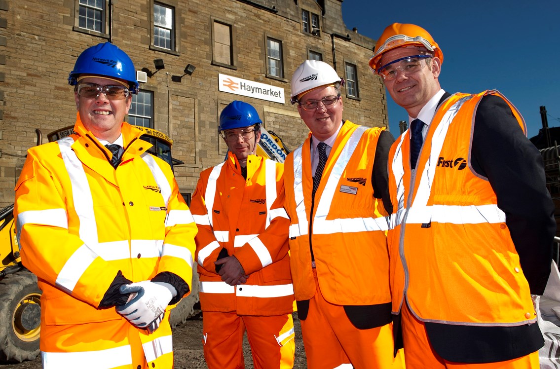 Haymarket 1: Transport minister Keith Brown (left) and local MSP Marco Biagi (Centre) with Network Rail route managing director for Scotland David Simpson and Kenny McPhail, deputy managing director of ScotRail (far right).