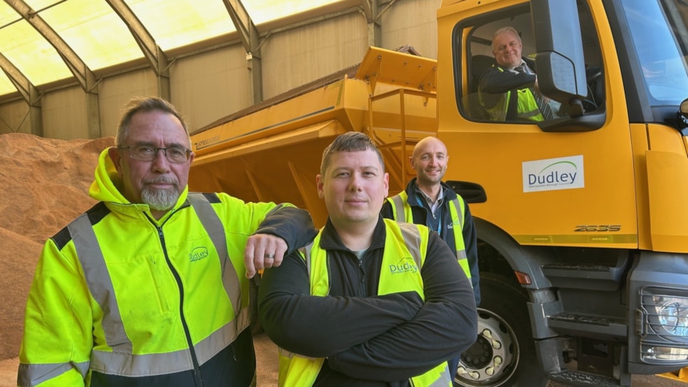 Councillor Simon Phipps (centre) joined members of the gritting team in Dudley Council's salt barn today