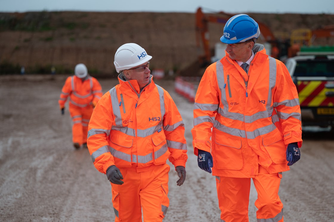 HS2 Ltd CEO Mark Thurston and Chancellor Jeremy Hunt on HS2 site