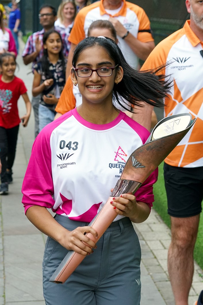 Sneha Daga Queen's Baton Relay: Sneha Daga with the Birmingham 2022 Queen's Baton Relay at Leeds Dock