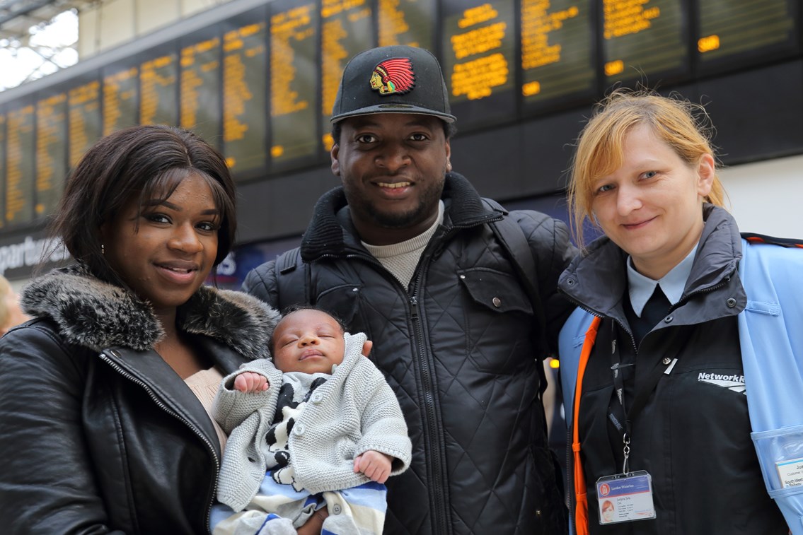 First baby born at Waterloo station: Evelyn Brandao with baby Reign and partner Hervon Charles and Justyna Syla shift station manager Network Rail