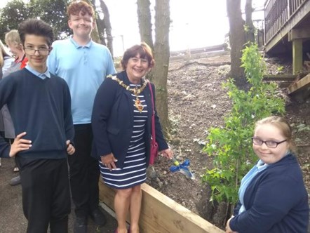 Cllr Anne Millward plants a tree with pupils from Sutton School web