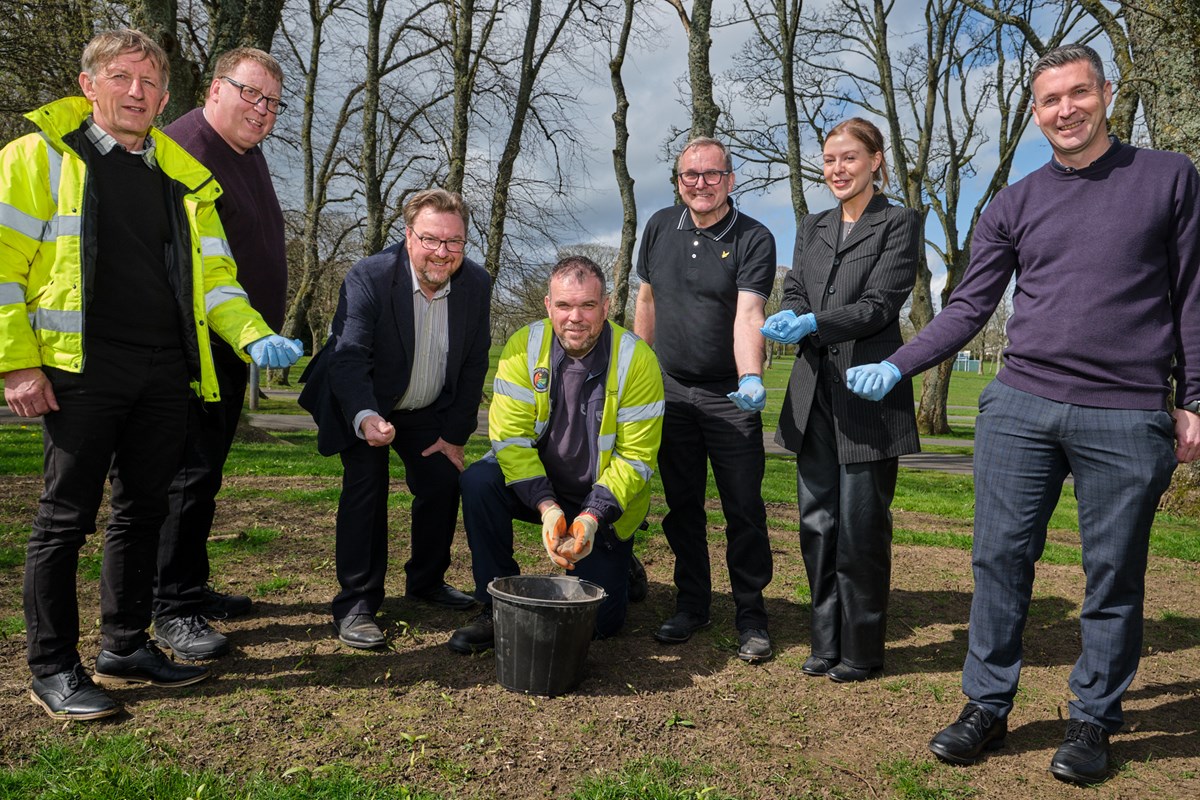 Roddy Hood, Nick Kelly and Robert Pinkerton from Greener Communities with Cllrs McMahon and Barton, James Lally from the Climate Change team and Lucinda McGovern from Housing and Communities