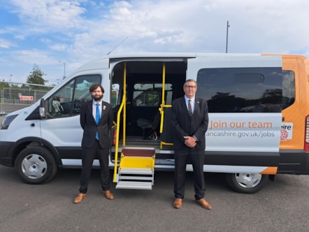 CC Matthew Salter (left), cabinet member for Education and Skills and CC Warren Goldsworthy, cabinet member for Highways and Transport, with a new SEND minibus
