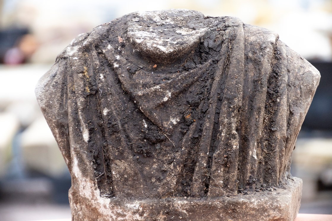 Female torso from statue - Roman artefacts from St Mary's Archaeological dig - Stoke Mandeville, Buckinghamshire-20: Female torso of Roman statue discovered during a HS2 archaeological dig at the site of old St Mary’s church in Stoke Mandeville, Buckinghamshire. The artefacts were found underneath the footprint of a Medieval church that was being excavated. 

Tags: Roman, Archaeology, Stoke Mandeville, Buckinghamshire