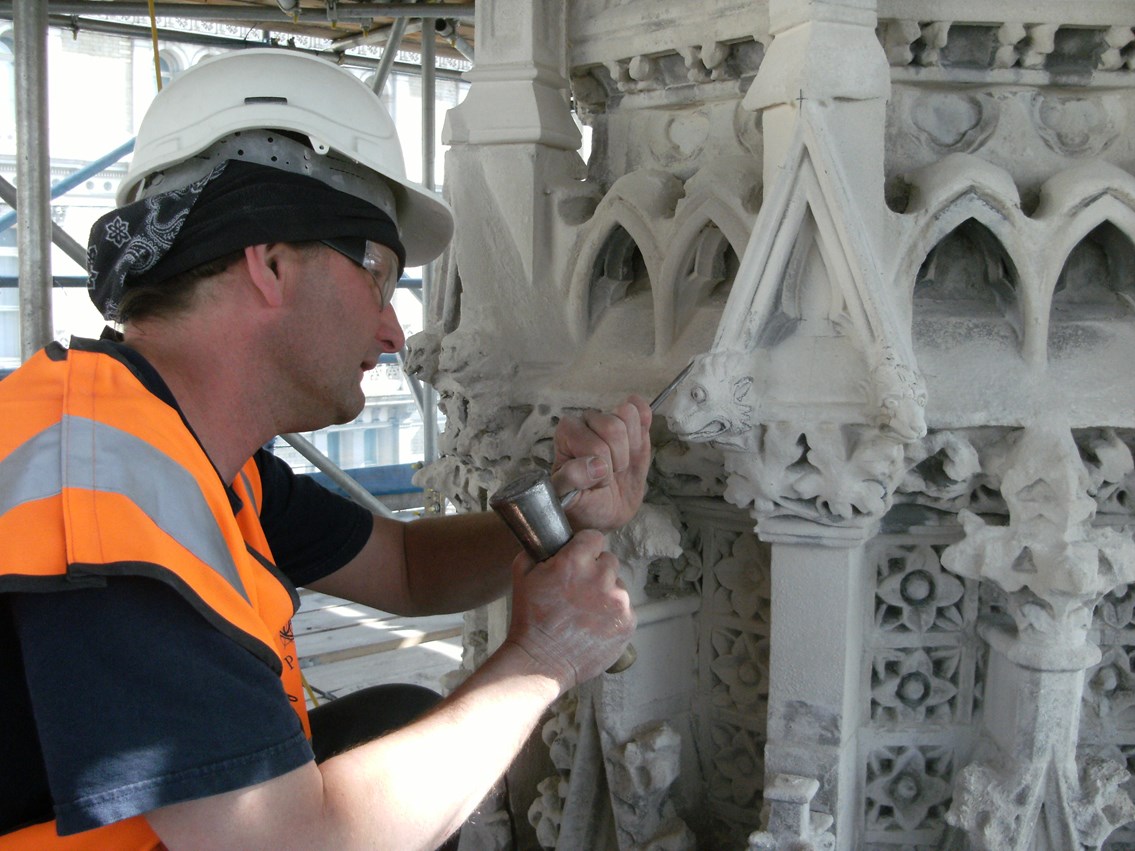 Eleanor Cross Restoration - Charing Cross_4: A ten-month project to repair the 145 year-old, Grade II*-listed Eleanor Cross on the forecourt of Charing Cross station has been completed, preserving the historic landmark for future generations.