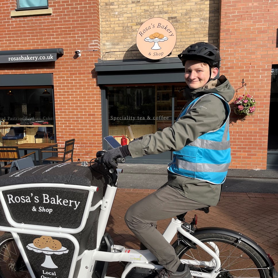 Ruben at Rosa's Bakery out on deliveries on his e-bike. Rosa's Bakery can be found on Instagram at rosasbakery.co.uk