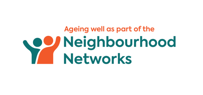 Neighbourhood networks logo: Image shows blue background with orange and green writing of 'Ageing well as part of the Neighbourhood Networks'