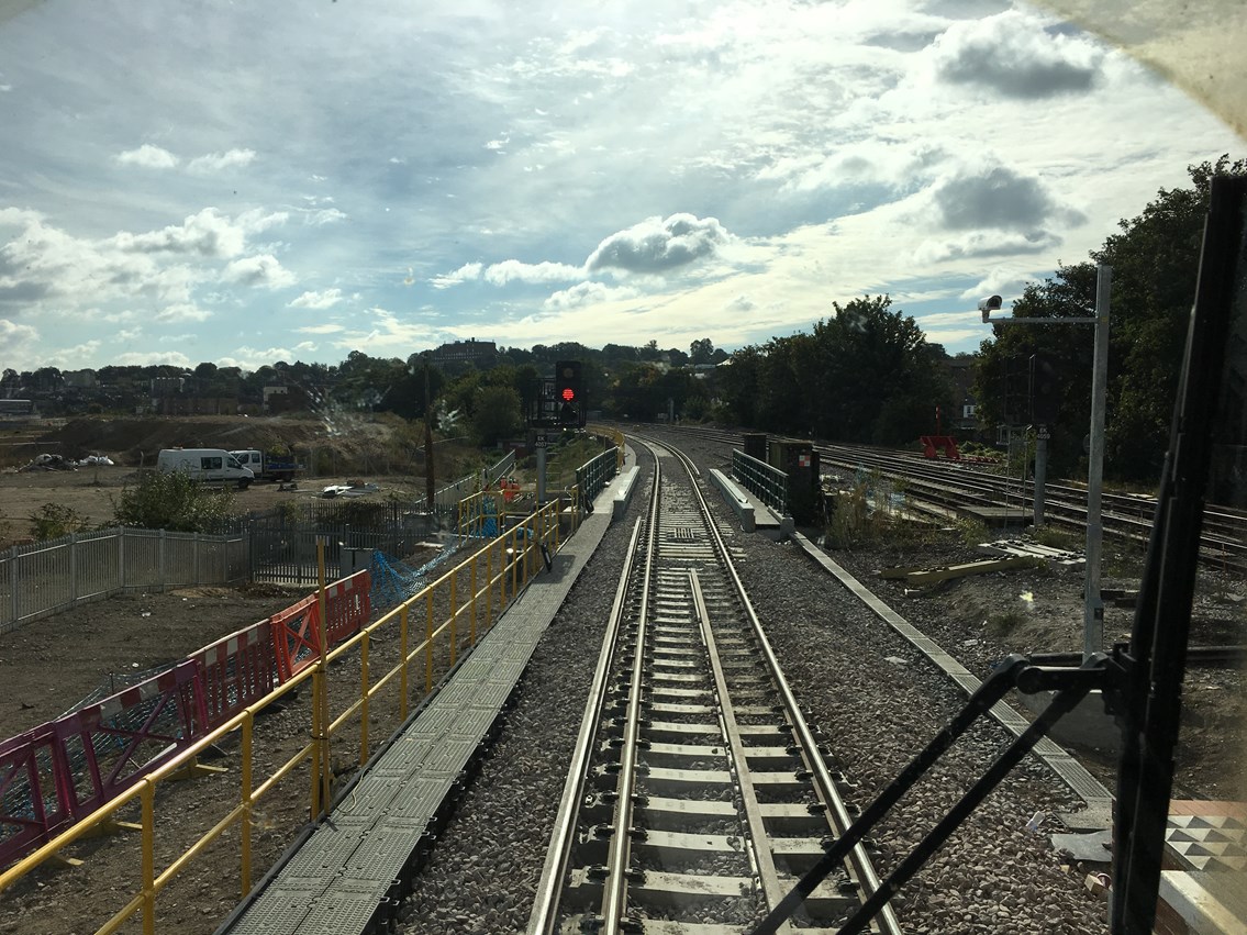 Rochester loop: Driver's eye view of the new loop at Rochester station, just about to cross Blue Boar Lane