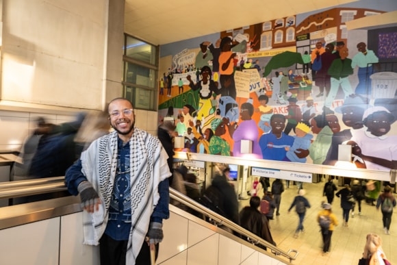 TfL launches mural at Brixton Underground station by artist Rudy Loewe to celebrate the area’s people and history: Rudy Loewe Art on the Underground, 'The Congregation' which spans the entrance of Brixton Underground station, Credit - Alastair Fyfe