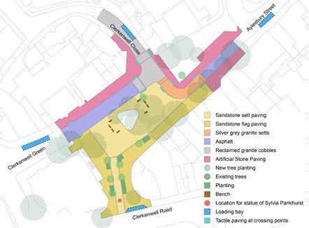 A map showing the proposed improvements to Clerkenwell Green, including new planting, benches, and paving