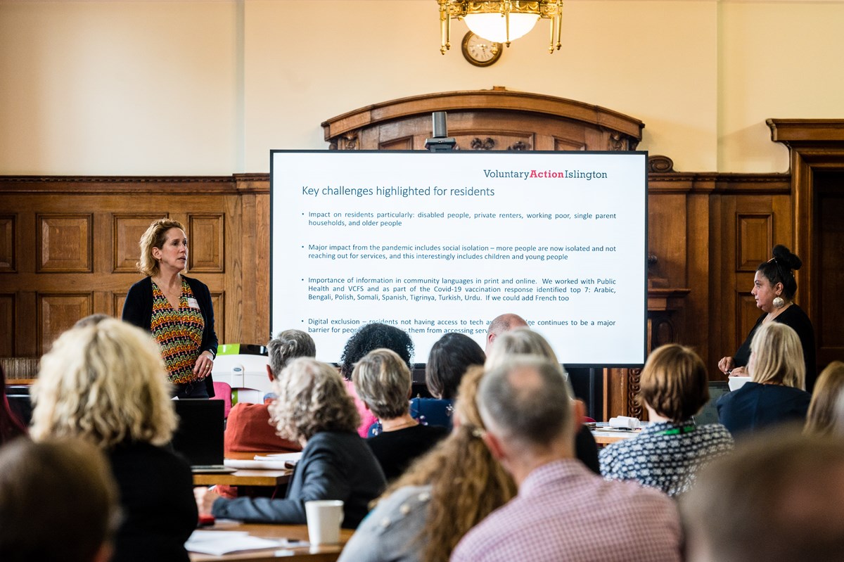 Sarah Benioff, director of Cripplegate Foundation and Islington Giving, speaks at the Cost Of Living Summit