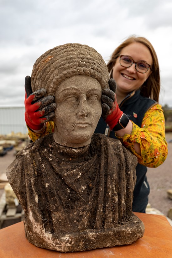 Complete bust of female Roman statue - Artefacts from St Mary's Archaeological dig - Stoke Mandeville, Buckinghamshire-11: Complete bust of female Roman statue discovered during a HS2 archaeological dig at the site of old St Mary’s church in Stoke Mandeville, Buckinghamshire. The artefacts were found underneath the footprint of a Medieval church that was being excavated. 

Tags: Roman, Archaeology, Stoke Mandeville, Buckinghamshire

Subject name(s): Dr Rachel Wood, Lead Archaeologist, Fusion JV