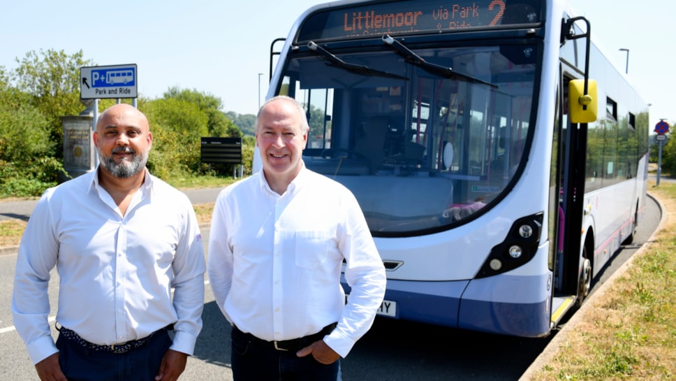 Matt Griffith, First Bus & Cllr Nick Ireland by Park & Ride bus