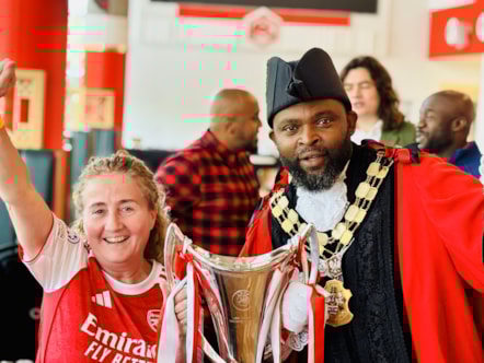 Cllr O'Halloran, Leader of Islington Council, and Mayor Cllr Jason Jackson pose with the Women's Champions League trophy
