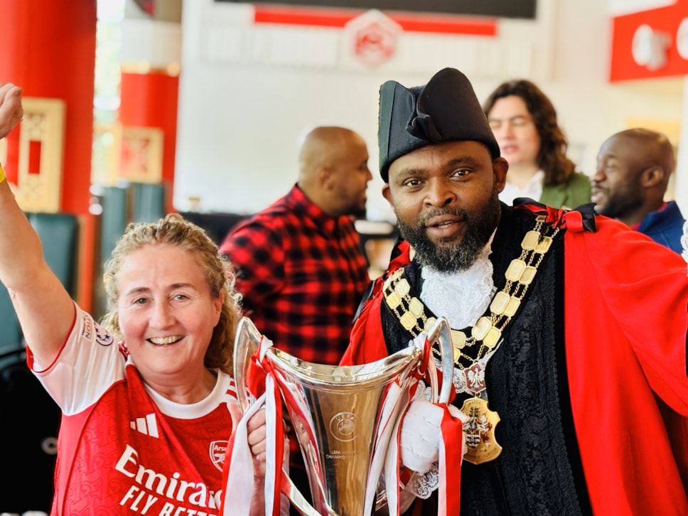 Cllr O'Halloran, Leader of Islington Council, and Mayor Cllr Jason Jackson pose with the Women's Champions League trophy