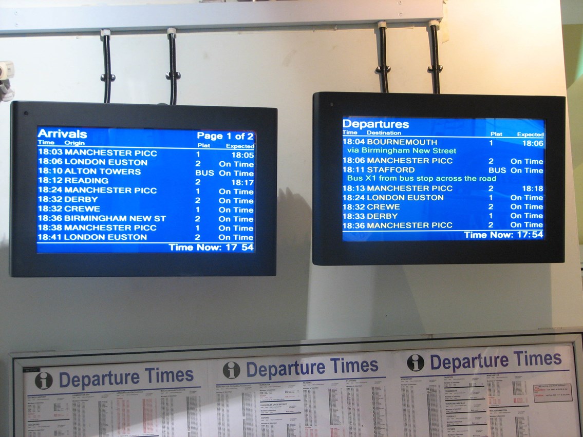 Customer Information Screens: New CIS at Stoke-on-Trent, part of a £6.6m investmentment by Network Rail and the DfT. Similar screens are being introduced at 24 stations on the LNW route. (August 2006)