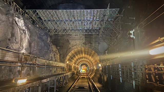 View down the tunnel towards Brunswick station with scaffold deck under construction above