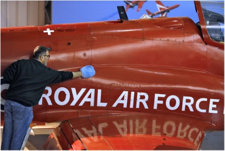 Principal Conservator, Stuart McDonald cleans a Red Arrows Hawk at the National Museum of Flight. Image (c) Paul Dodd (6)