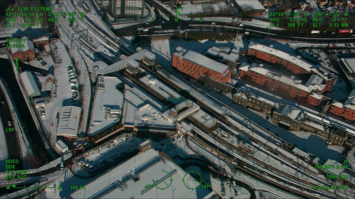 Aerial view of Wolverhampton station in the snow - Credit: Network Rail Air Operations team