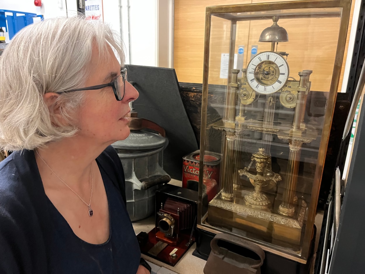 Clocks workshop: Curator Kitty Ross with a beautiful French-made skeleton clock designed to show the inner working and clockwork.
Among the pieces featured in the event will be an elaborate painted clock faces by Leeds artisans J C Elliott and G Winter, who both had local workshops in the late 19th Century, when many such small, family-run workshops would have been located in big cities like Leeds.
An intricate early 20th Century Swiss-made wooden cuckoo clock and some classic examples of 19th and 20th Century carriage clocks are also included. They will be shown alongside a more modern, 1970s Minitman digital bedside alarm clock.