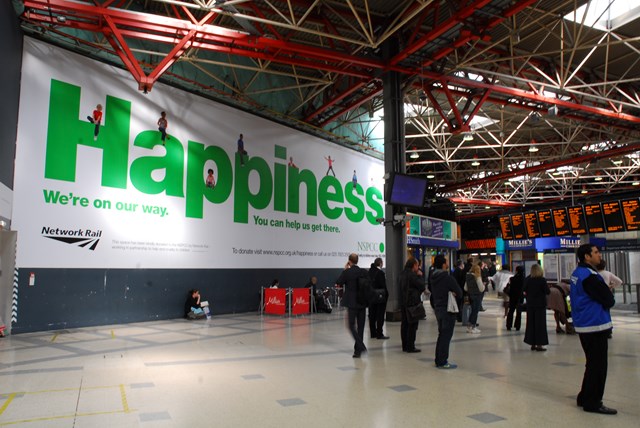 NSPCC London Bridge banner: NSPCC's banner at London Bridge station - the country's biggest advert at a rail station.