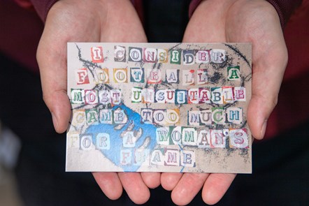 A postcard from a series of six postcards designed by young people in Lancashire to celebrate the achievements of the Dick, Kerr Ladies and give some context in which the team emerged