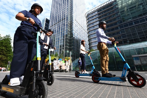 TfL Image - Georgia Yexley (TIER), Mayor Philip Glanville (London Councils), Helen Sharp (TfL), Duncan Robertson (Dott) on e-scooters