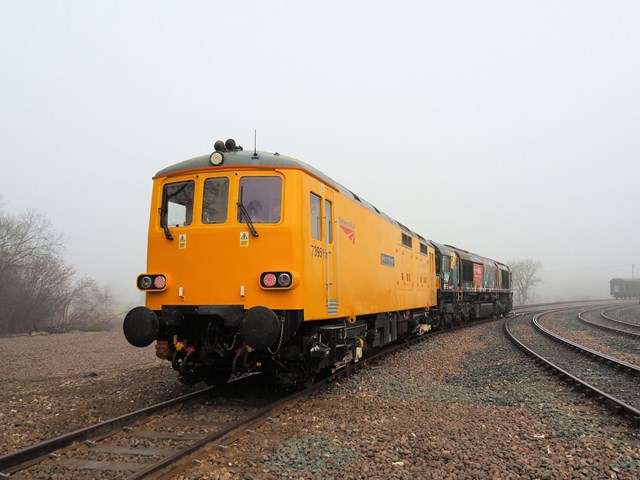 Robertsbridge new line: A train on the new line.Robertstbridge new sidings connecting the national network to the Rother Valley Railway opened by Network Rail's chairman Sir Peter Hendy